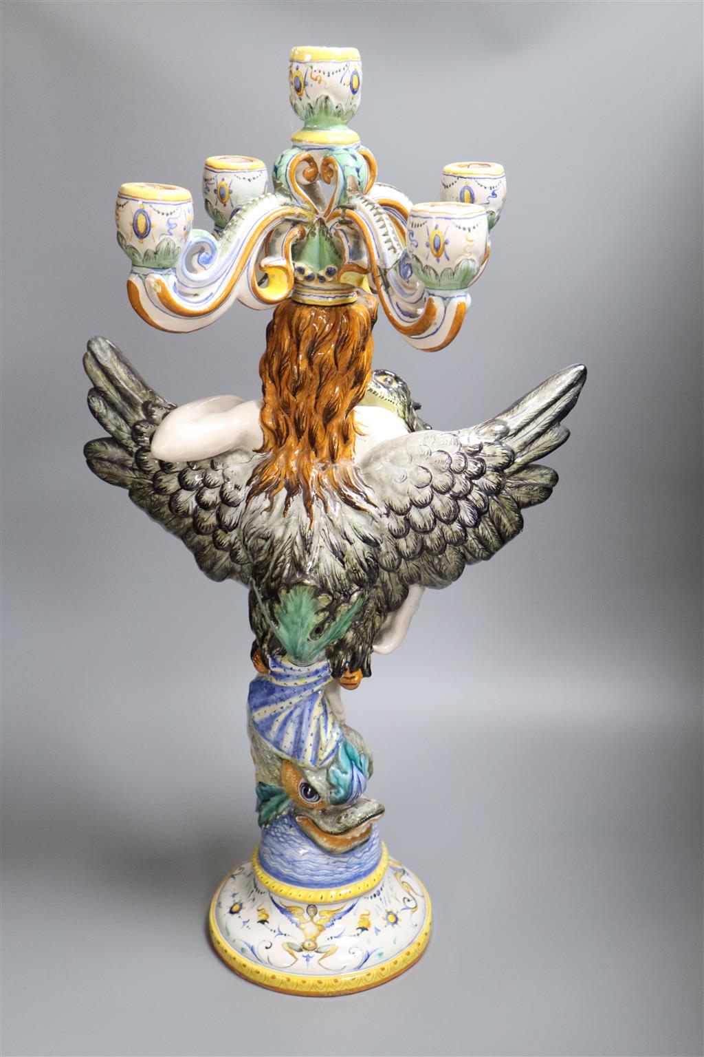 A majolica five branch candelabra, Cantagalli, height 62cm